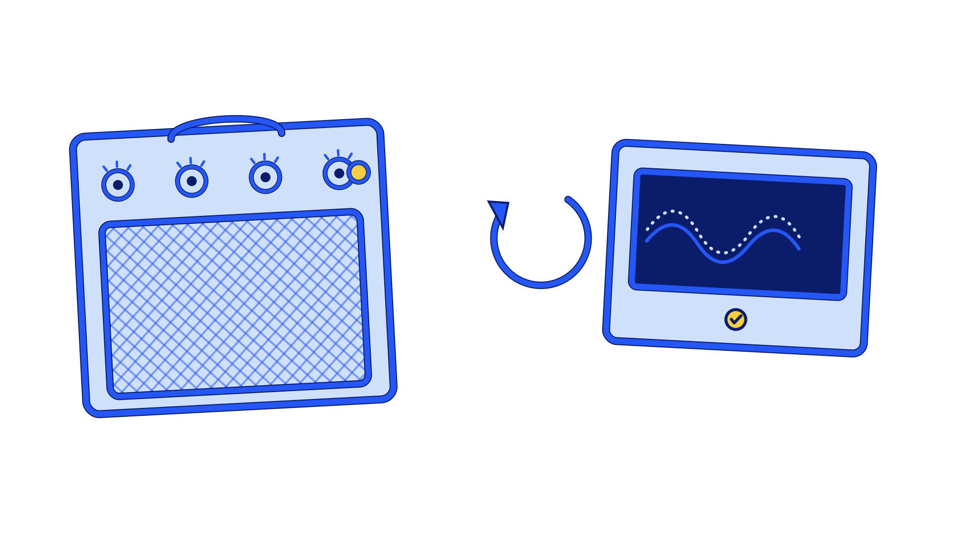 Greybound: a virtual guitar amplifier with control knobs and a crosshatch grille, next to a scope card comparing a candidate render against a reference waveform in an automated agent evaluation loop